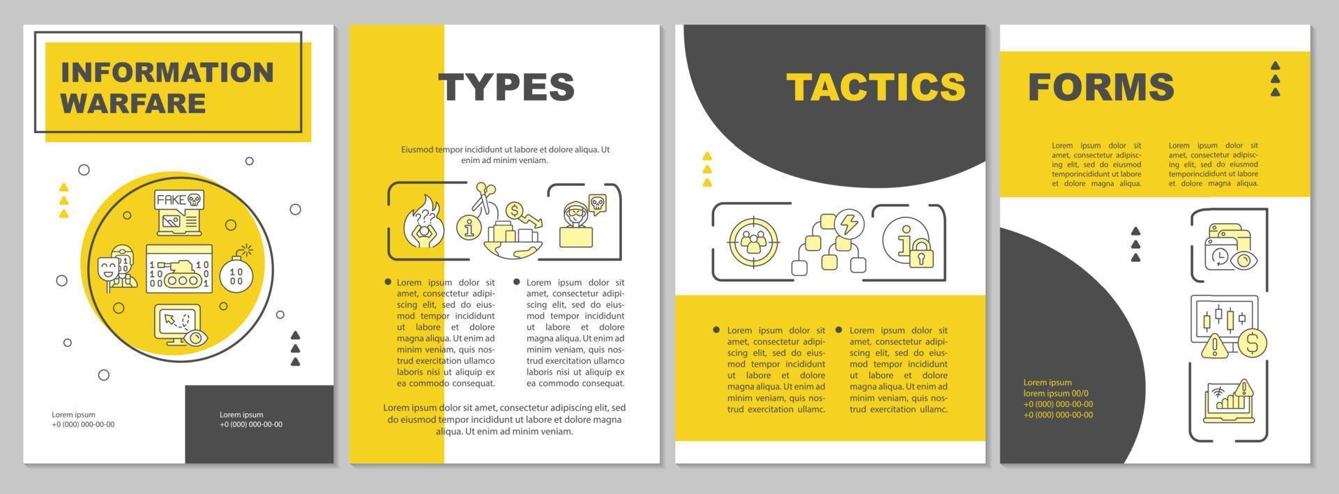 Information warfare guideline yellow brochure template. Leaflet design with linear icons. 4 vector layouts for presentation, annual reports.