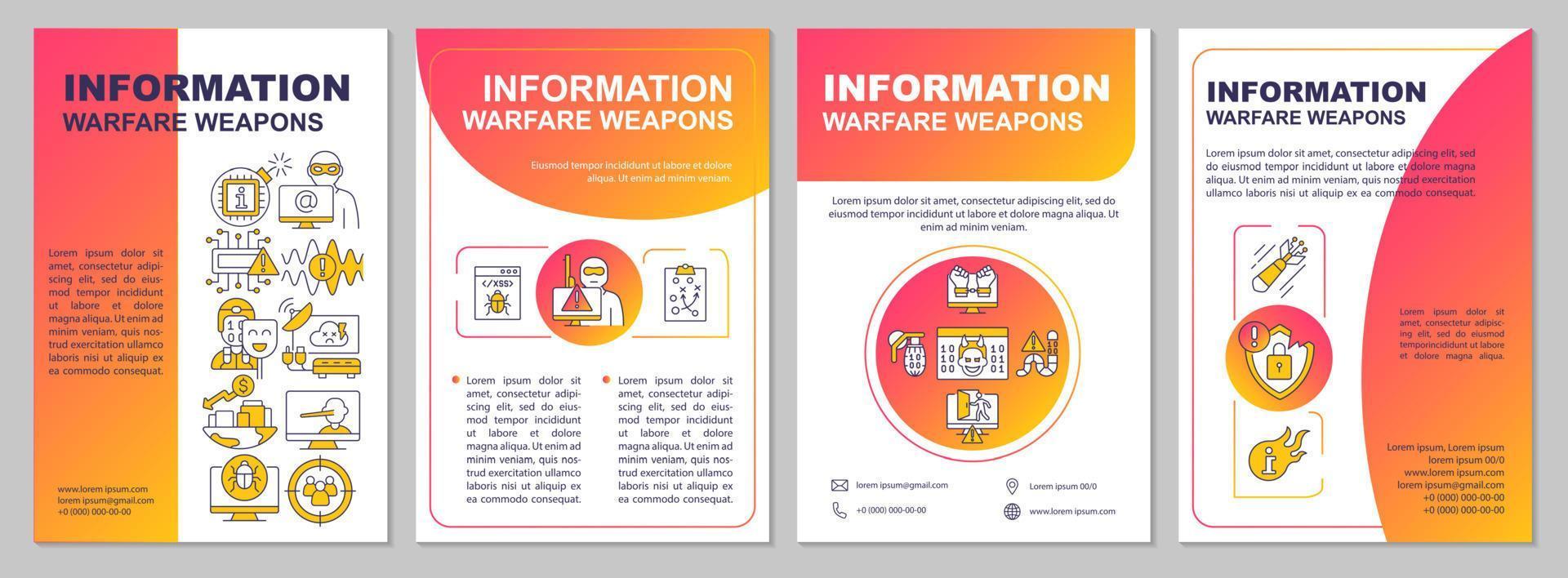 Information warfare weapons red gradient brochure template. Leaflet design with linear icons. 4 vector layouts for presentation, annual reports.