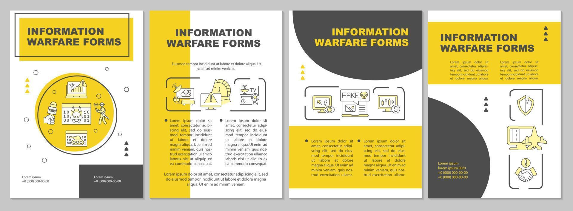 Infomation warfare forms yellow brochure template. Adversary data. Leaflet design with linear icons. 4 vector layouts for presentation, annual reports.