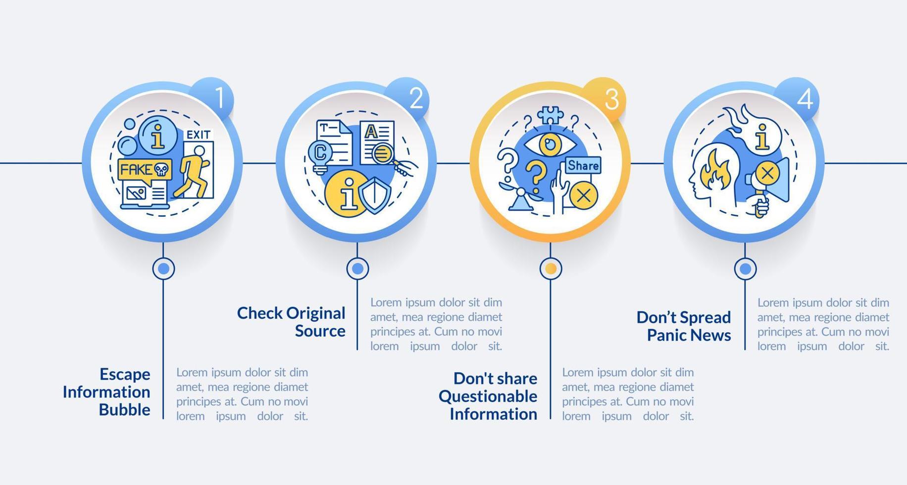 plantilla de infografía de círculo de desinformación de lucha. evitar hechos falsos. visualización de datos con 4 pasos. gráfico de información de la línea de tiempo del proceso. diseño de flujo de trabajo con iconos de línea. vector