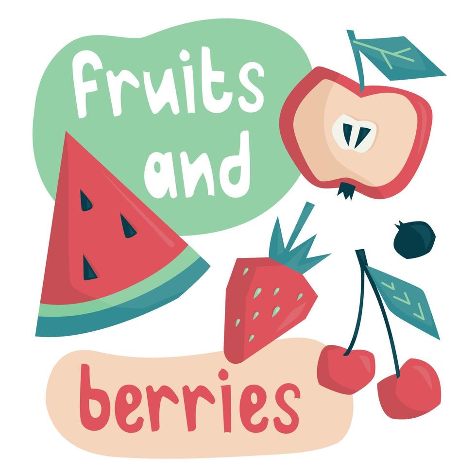 Summer fruits and berries. Watermelon, strawberry, apple, cherry. Illustration with an inscription. Vector image.