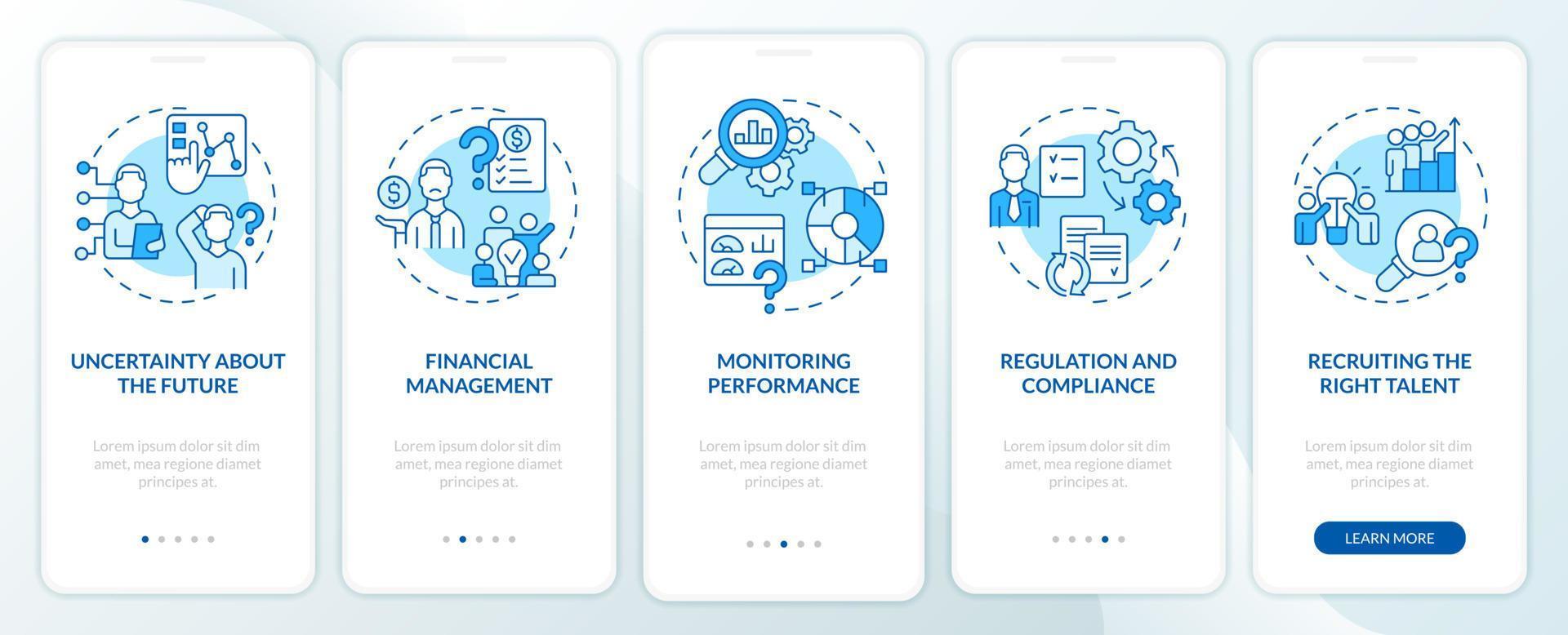 los mayores desafíos que enfrenta la pantalla de la aplicación móvil de incorporación de negocios azul. tutorial 5 pasos páginas de instrucciones gráficas con conceptos lineales. interfaz de usuario, ux, plantilla de interfaz gráfica de usuario. vector