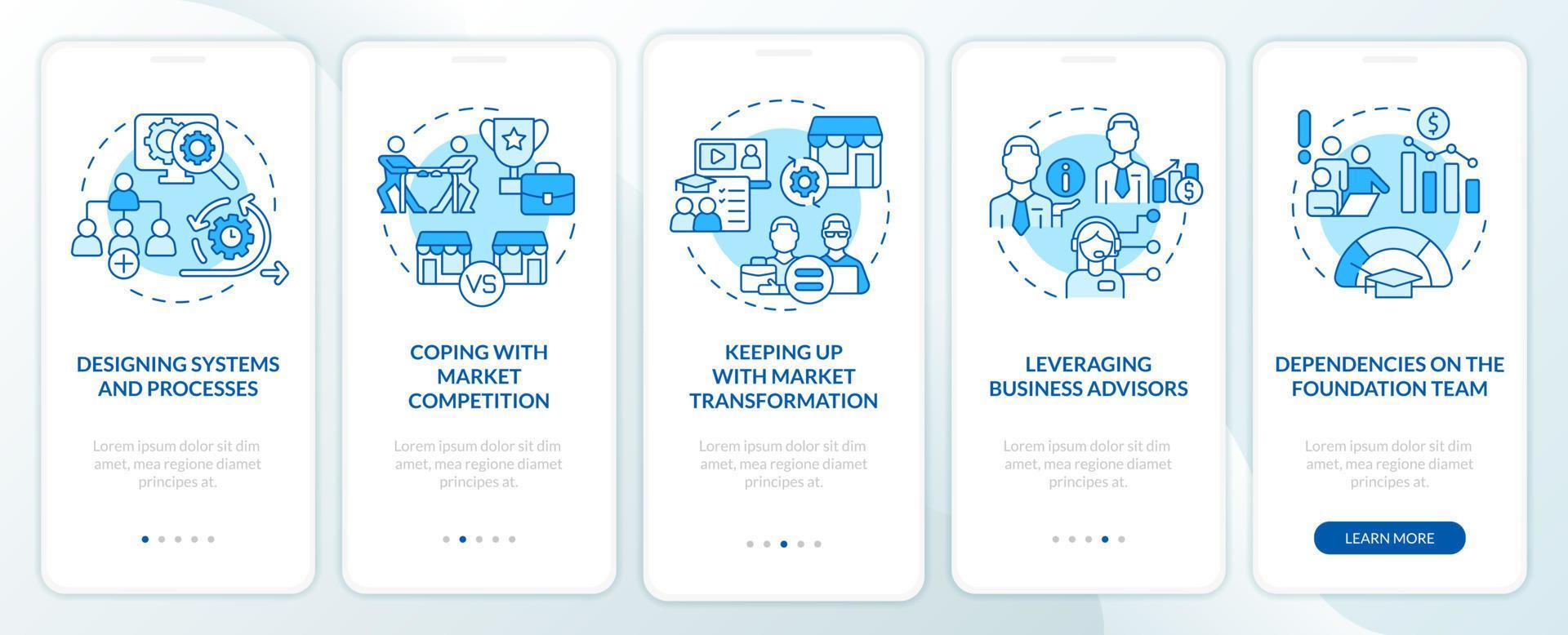 Biggest business strategy issues blue onboarding mobile app screen. Walkthrough 5 steps graphic instructions pages with linear concepts. UI, UX, GUI template. vector