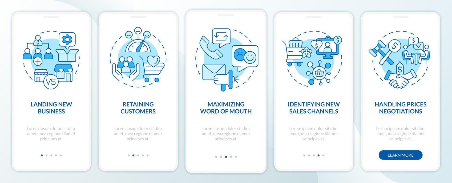 Problems in sales management blue onboarding mobile app screen. Walkthrough 5 steps graphic instructions pages with linear concepts. UI, UX, GUI template. vector