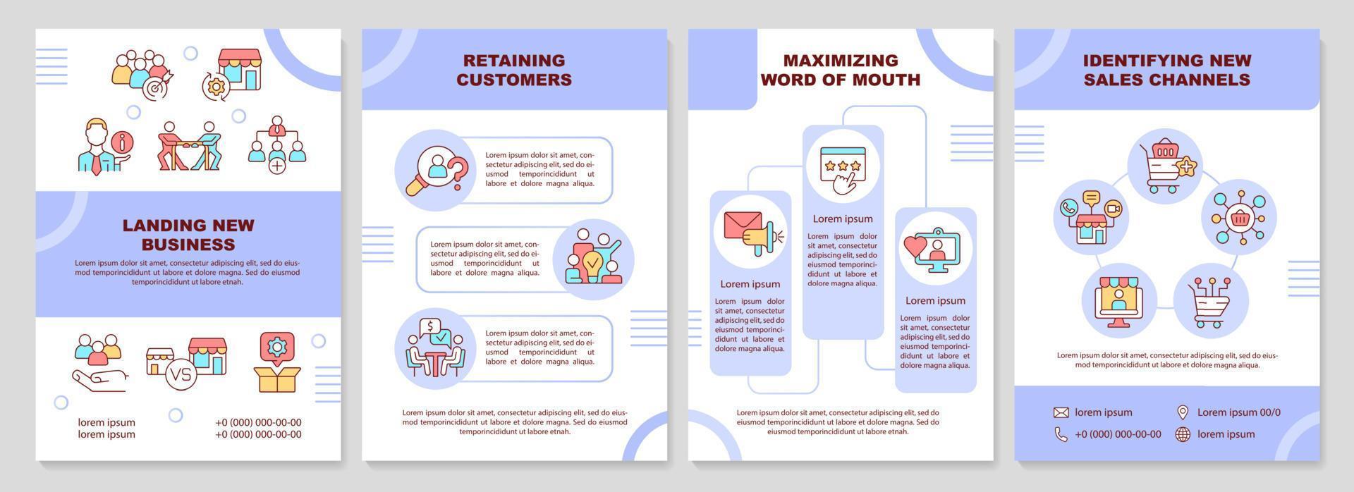 Business sales problems purple brochure template. Clients retention. Leaflet design with linear icons. 4 vector layouts for presentation, annual reports.