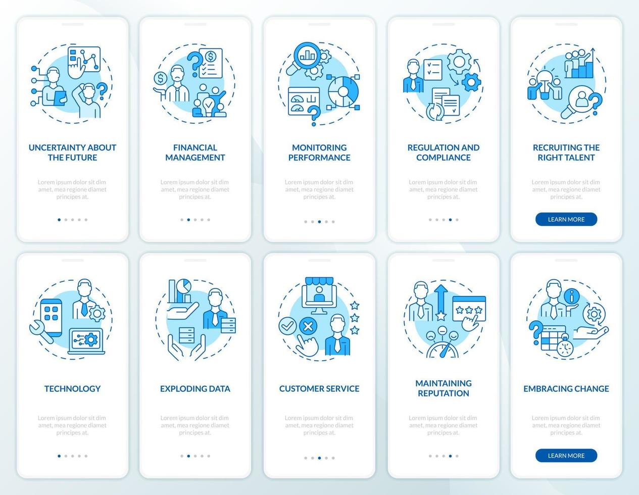 Conjunto de pantalla de aplicación móvil de incorporación de problemas comerciales regulares. tutorial 5 pasos páginas de instrucciones gráficas con conceptos lineales. interfaz de usuario, ux, plantilla de interfaz gráfica de usuario. vector
