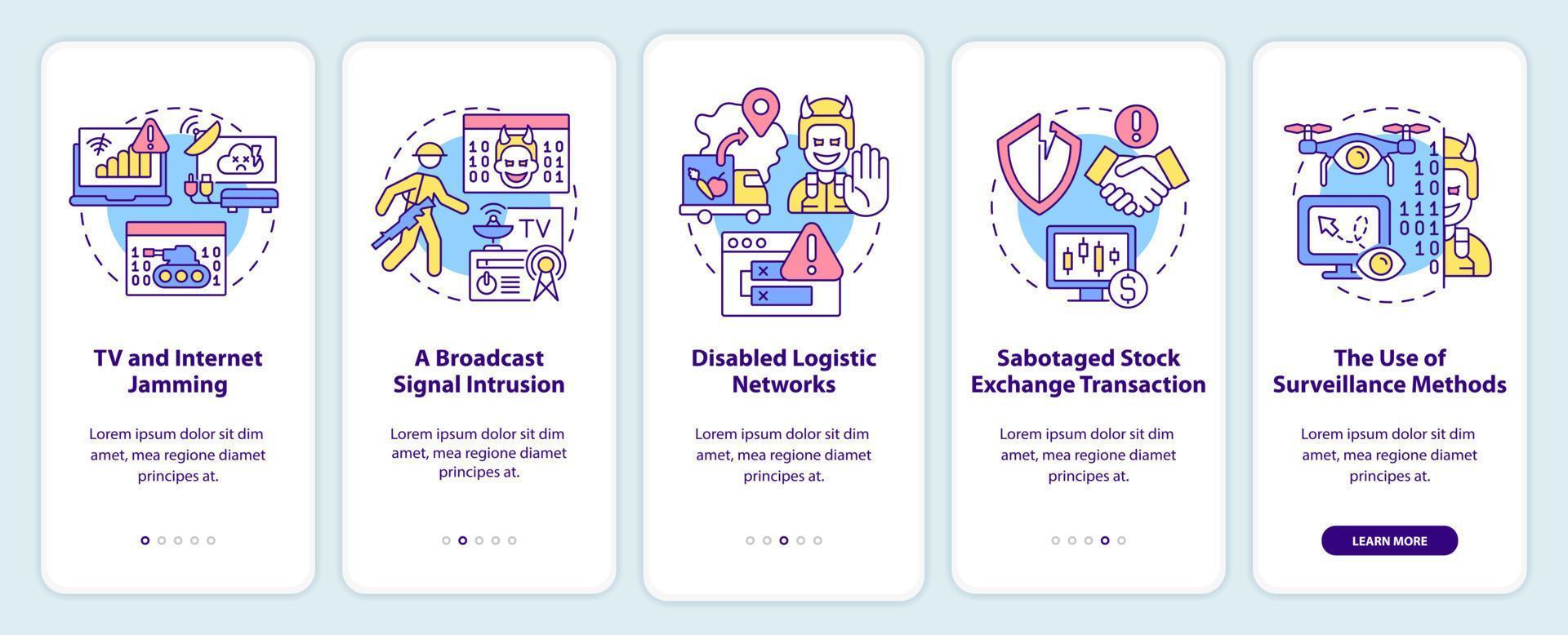 Forms of information warfare onboarding mobile app screen. Walkthrough 5 steps graphic instructions pages with linear concepts. UI, UX, GUI template. vector
