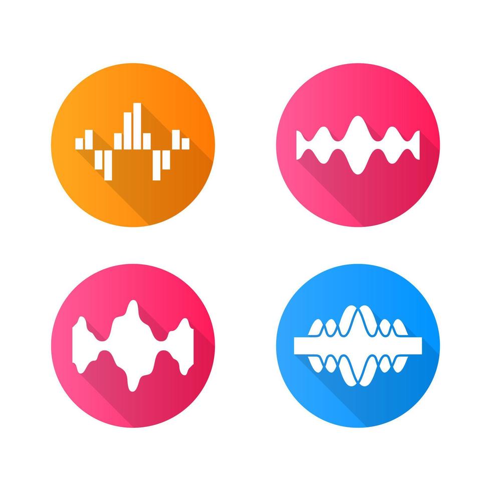 conjunto de iconos de glifo de sombra larga de diseño plano de ondas sonoras. audio, música, ondas de señal de radio. vibración, sinergia, líneas de movimiento. frecuencia de ondas de sonido de curva digital. ilustración de silueta vectorial vector