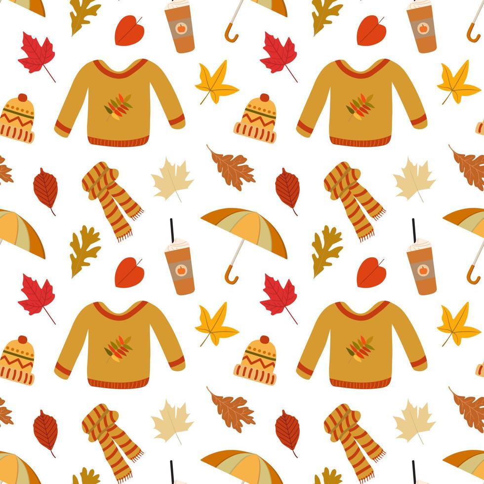 Autumn cozy clothes and pumpkin latte seamless pattern. Sweater, umbrella, knitted scarf, wool hat, dry fall leaves. Isolated on white background. Great for stickers, prints, textile, wrappers. vector