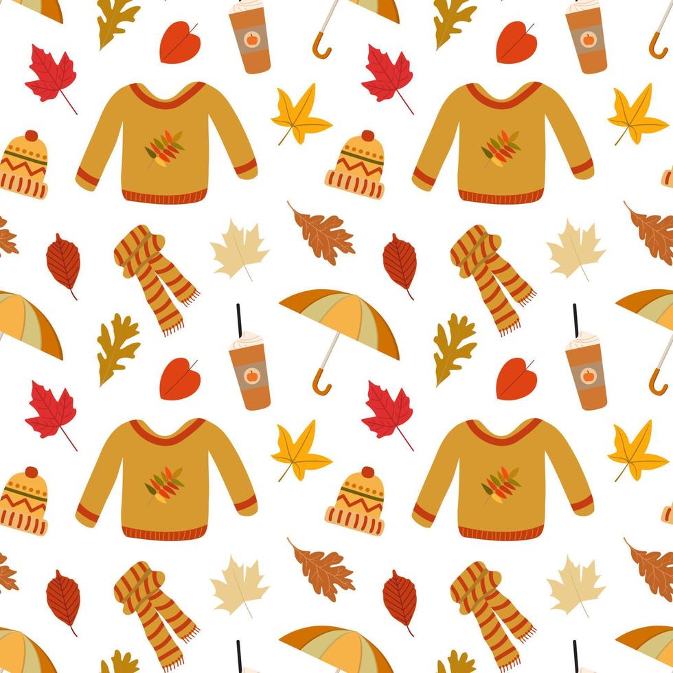 Autumn cozy clothes and pumpkin latte seamless pattern. Sweater, umbrella, knitted scarf, wool hat, dry fall leaves. Isolated on white background. Great for stickers, prints, textile, wrappers. vector