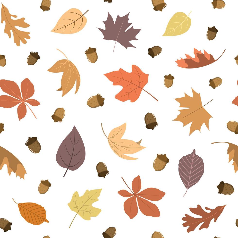 Beautiful pastel autumn forest falling leaves with cute acorns. Cool background seasonal vector illustration. Fall season specific vector background. Oak and maple tree foliage.