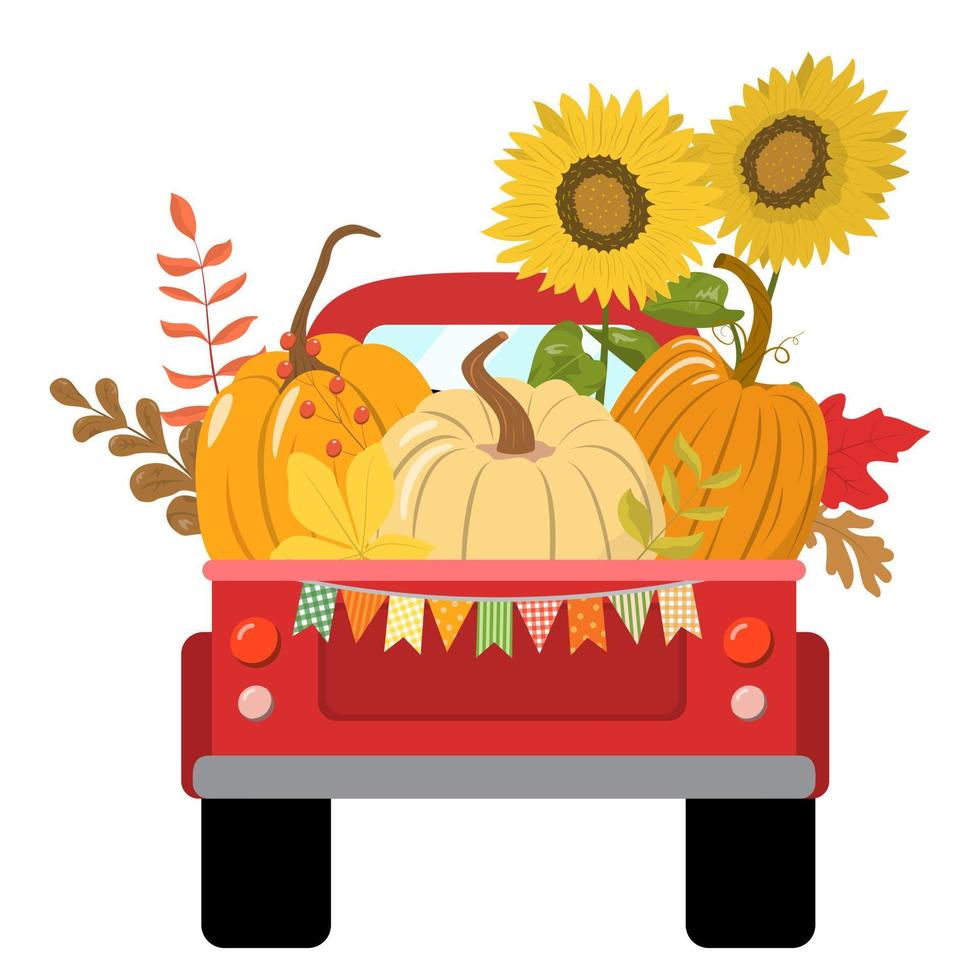 Red autumn harvest pickup truck vector illustration. Set of pumpkins, sunflowers, fallen autumn leaves. Isolated on white background. Autumn garden themed design in cartoon style.