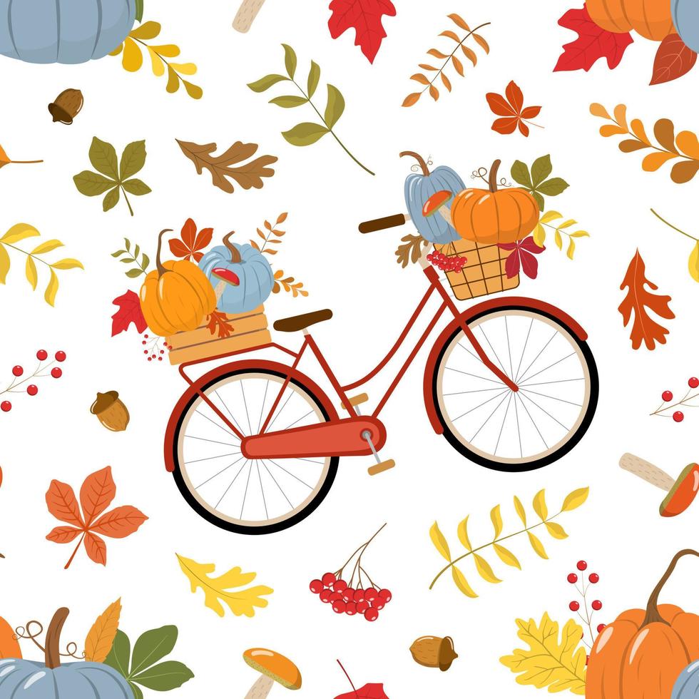 Cute red retro bike with autumn pumpkins, dry fall leaves, red rowan berries, and forest mushrooms. Isolated on white background. Vector illustration.