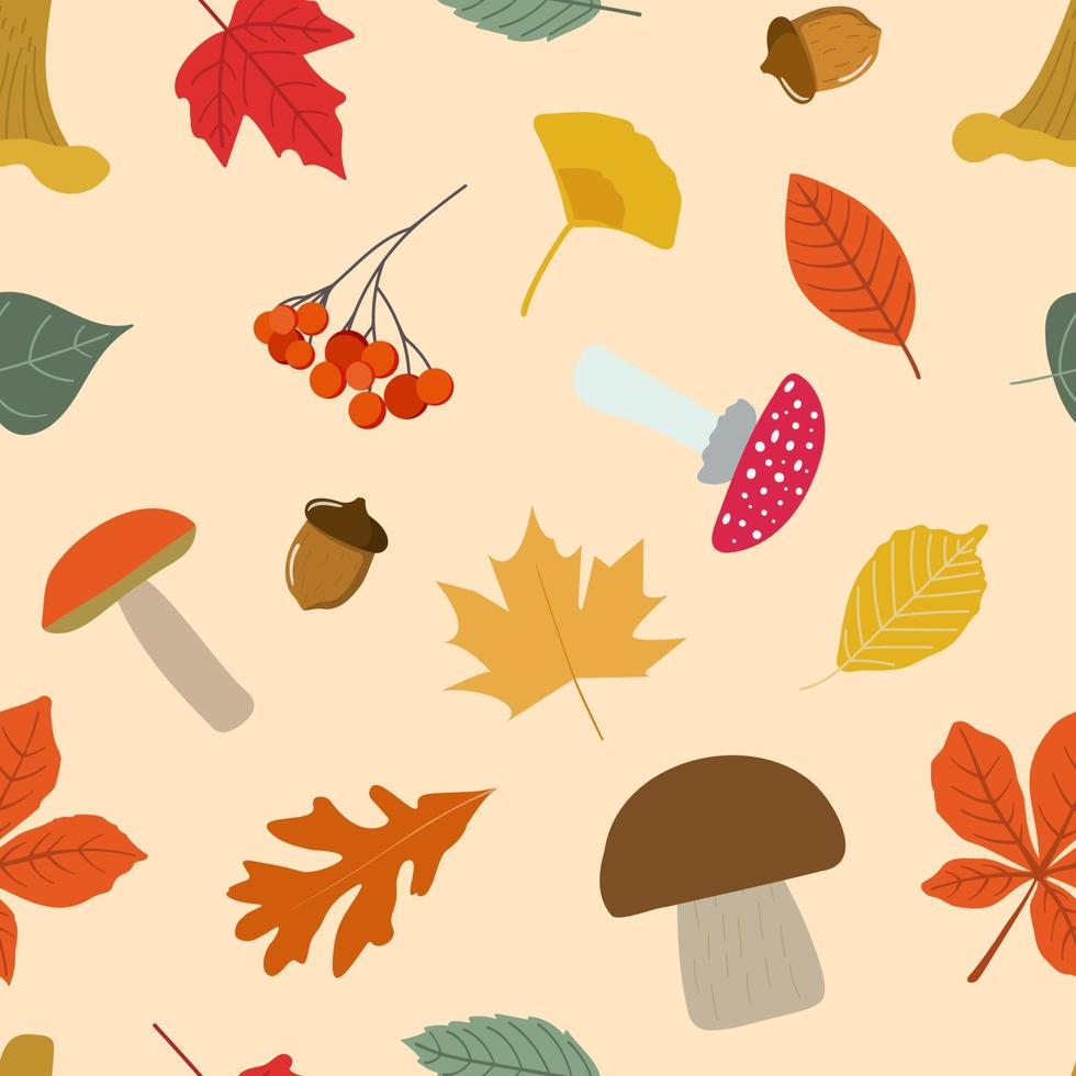 hojas de bosque de otoño, bayas, bellotas y champiñones en un diseño de patrones sin fisuras de color beige melocotón. lindo otoño ilustración vectorial estacional. temporada de otoño específica. vector