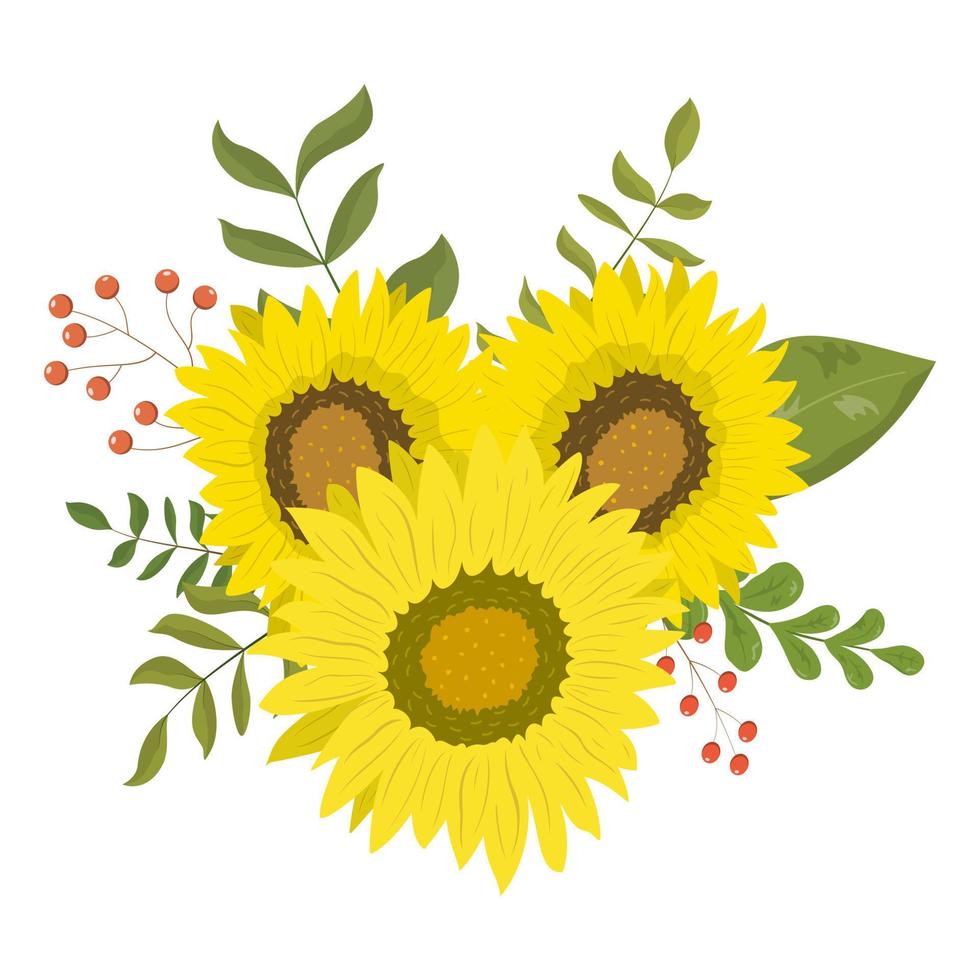 Cute floral arrangement with bright sunflowers, leaves, branches, and berries. Bright bouquet vector illustration. Isolated on white background. Design for invitation card, banner