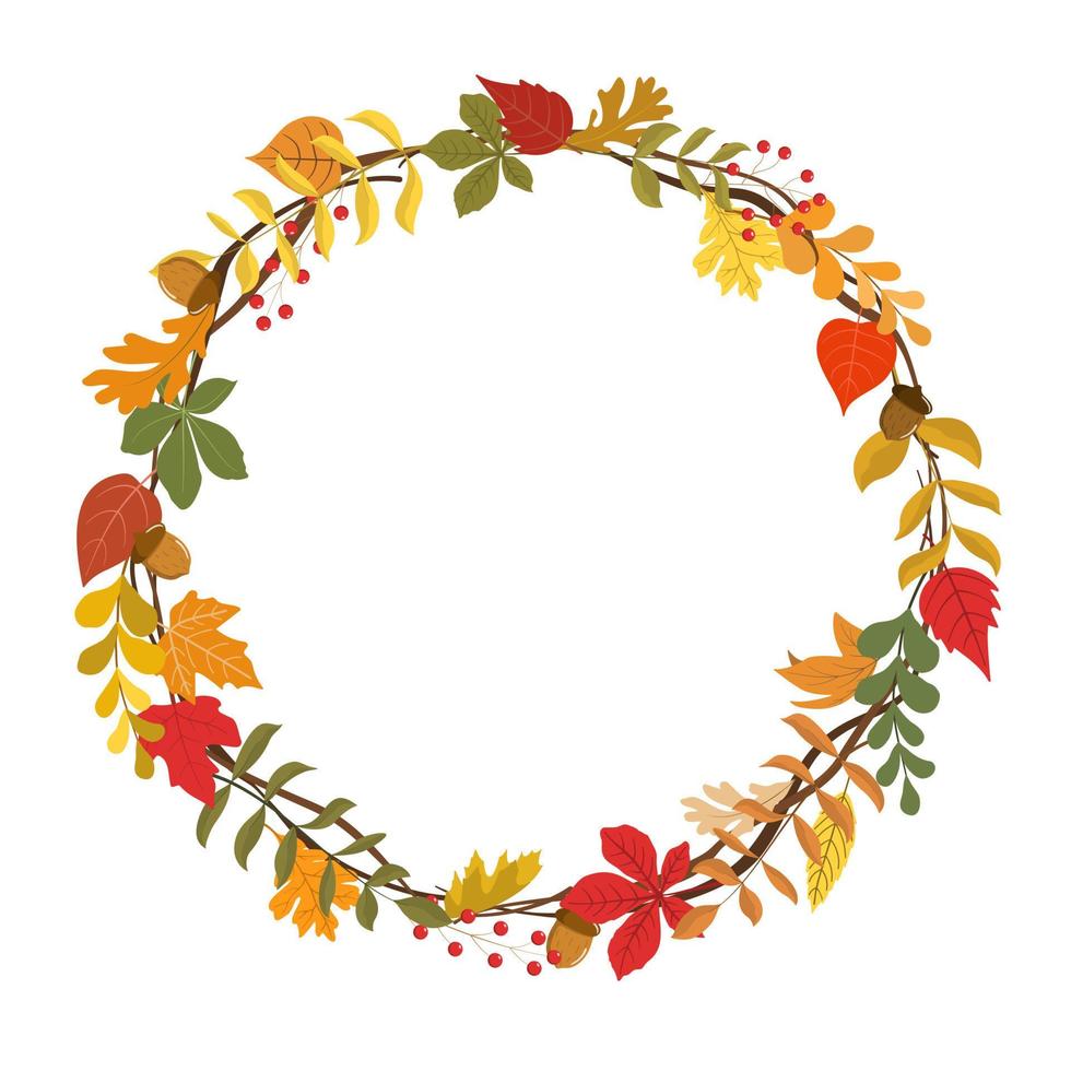 Autumn colorful leaf wreath with dry autumn leaves, acorns, berries
