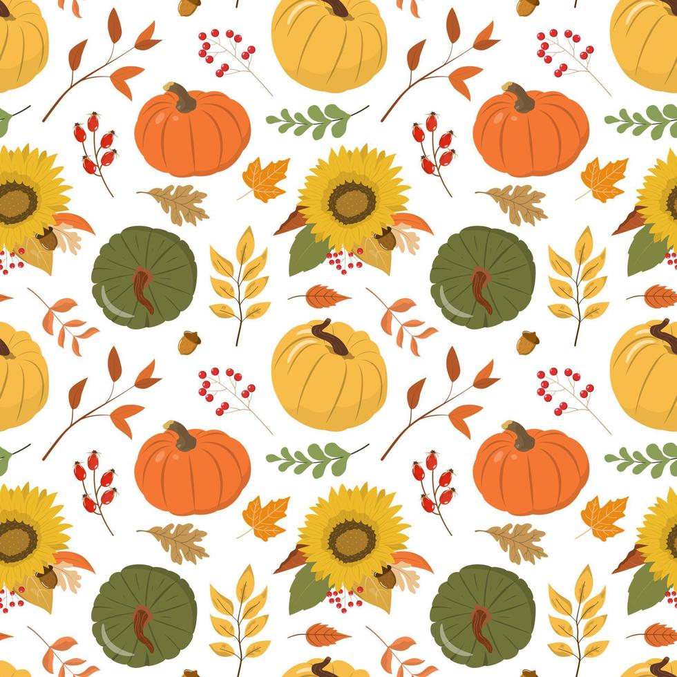 Autumn rustic Thanksgiving day, harvest festival vector seamless pattern with colorful pumpkins, forest leaves, and berries. Isolated on white background. Design for wallpapers.