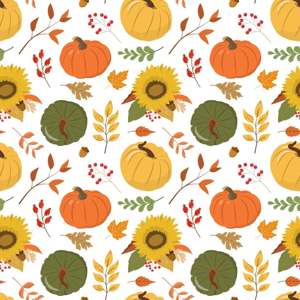 día de acción de gracias rústico de otoño, festival de la cosecha vector patrón sin costuras con calabazas coloridas, hojas de bosque y bayas. aislado sobre fondo blanco. diseño para fondos de pantalla.