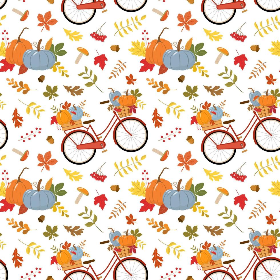 Vintage red bike with autumn pumpkins, colorful fall leaves, red berries, and forest mushrooms. Isolated on white background. Vector illustration.