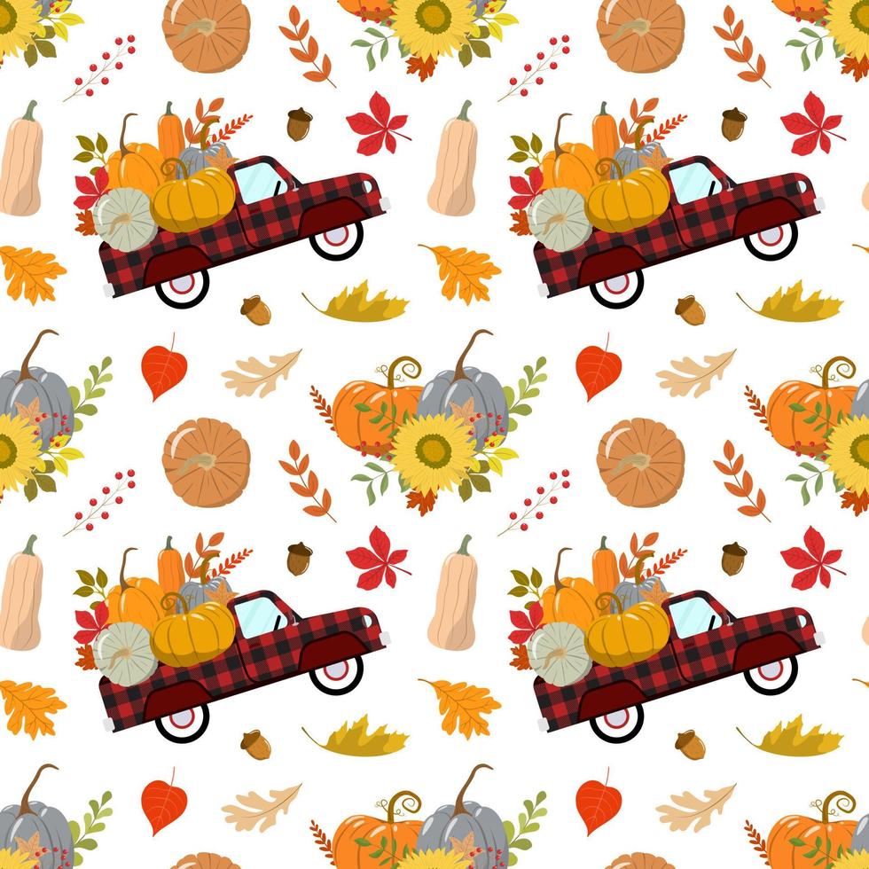 Autumn harvest red truck with colorful pumpkins, sunflowers, dry forest leaves. Harvest, Thanksgiving day theme design. Isolated on white background. vector