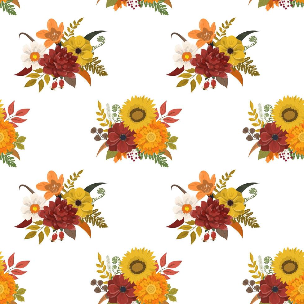 Autumn harvest floral bouquets seamless pattern with burgundy, orange, yellow flowers and forest leaves. Isolated on white background. Autumn Thanksgiving day wallpaper. vector