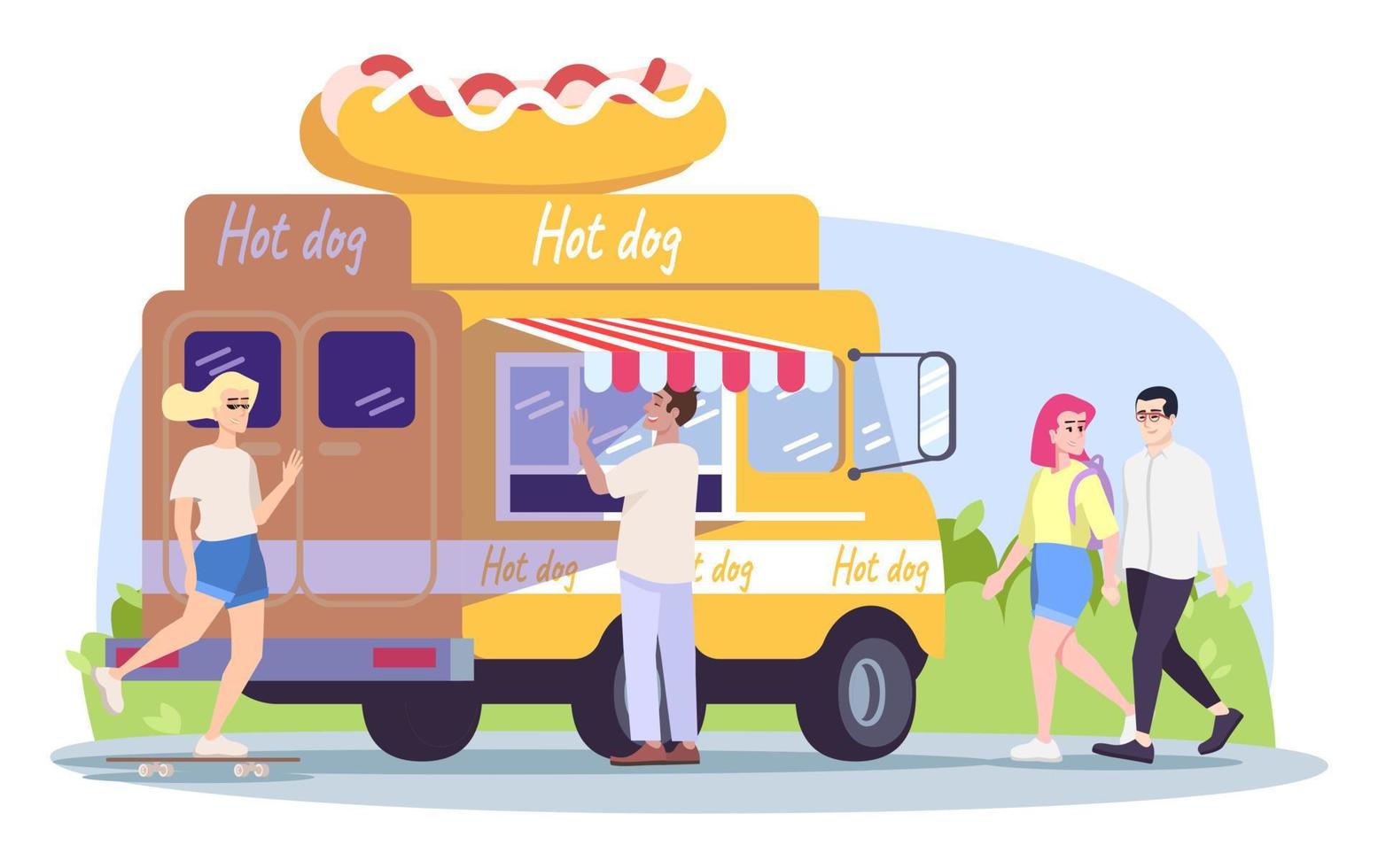 Ilustración de vector plano de camión de hot dog. descanso de verano al aire libre en la ciudad. pícnic de la ciudad. vehículo de comida callejera, comprador, pareja caminando, chica en patineta personajes de dibujos animados aislados sobre fondo blanco