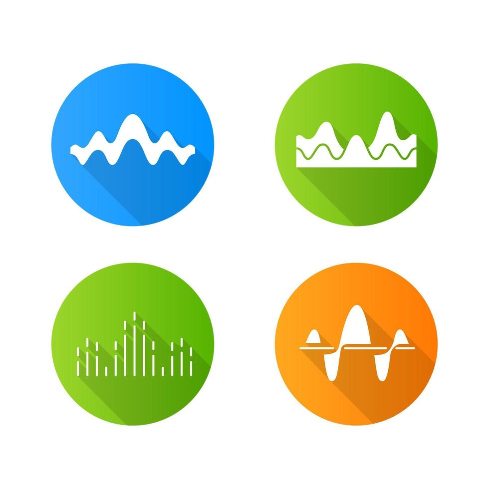 Sound waves flat design long shadow glyph icons set. Noise, vibration frequency. Volume, equalizer level lines. Music waves, rhythm. Digital curve soundwaves logotype. Vector silhouette illustration