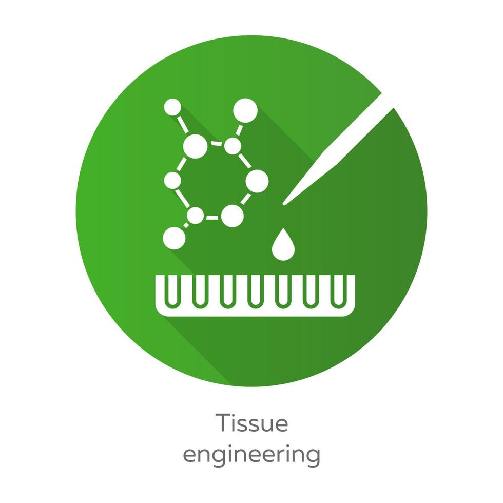 icono de glifo de sombra larga de diseño plano verde de ingeniería de tejidos. combinar células y moléculas en tejidos funcionales. reparar órganos humanos dañados. bioingeniería ilustración de silueta vectorial vector