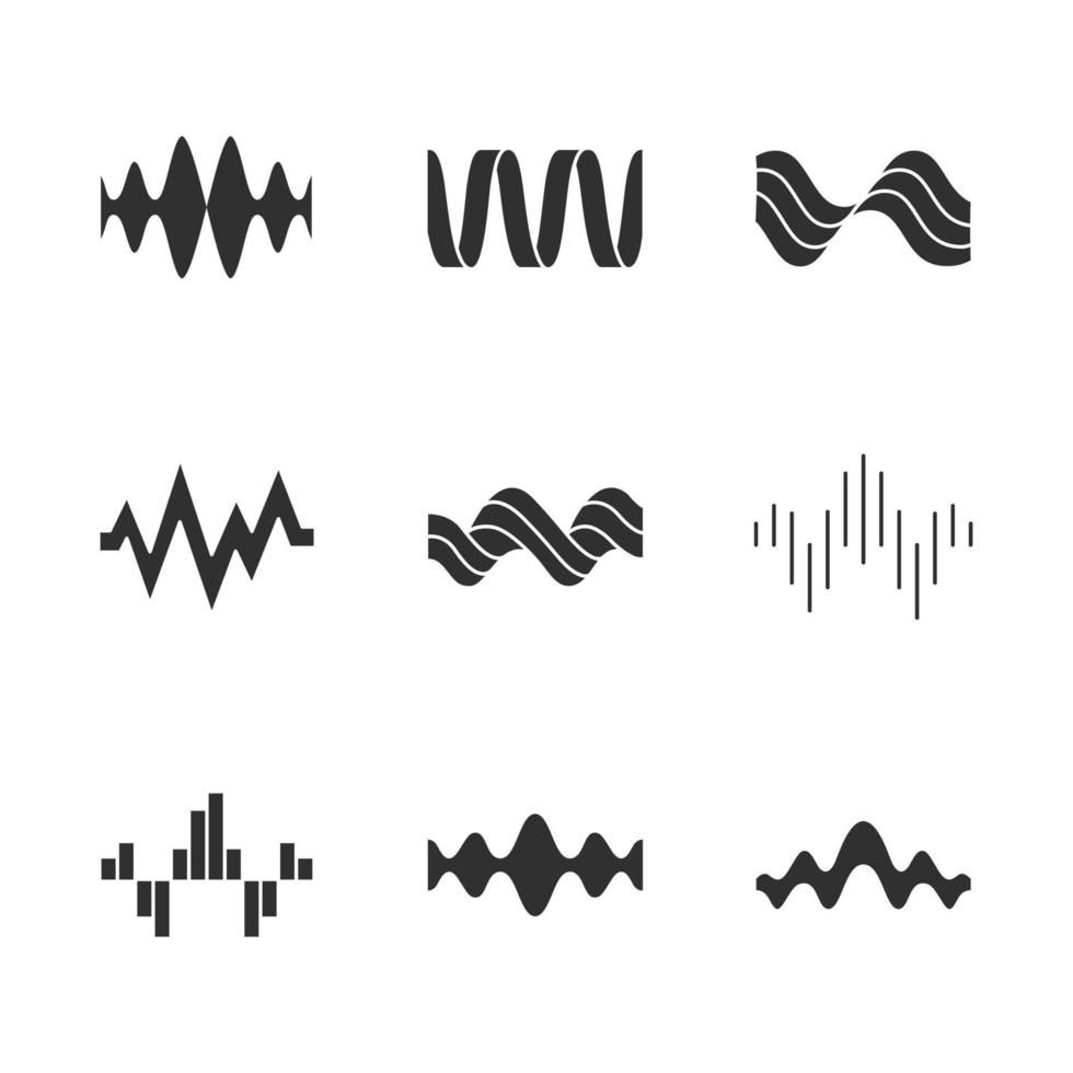 Sound waves glyph icons set. Silhouette symbols. Music rhythm, heart pulse. Audio waves, sound recording and radio signal logotype. Digital waveforms, abstract soundwaves. Vector isolated illustration