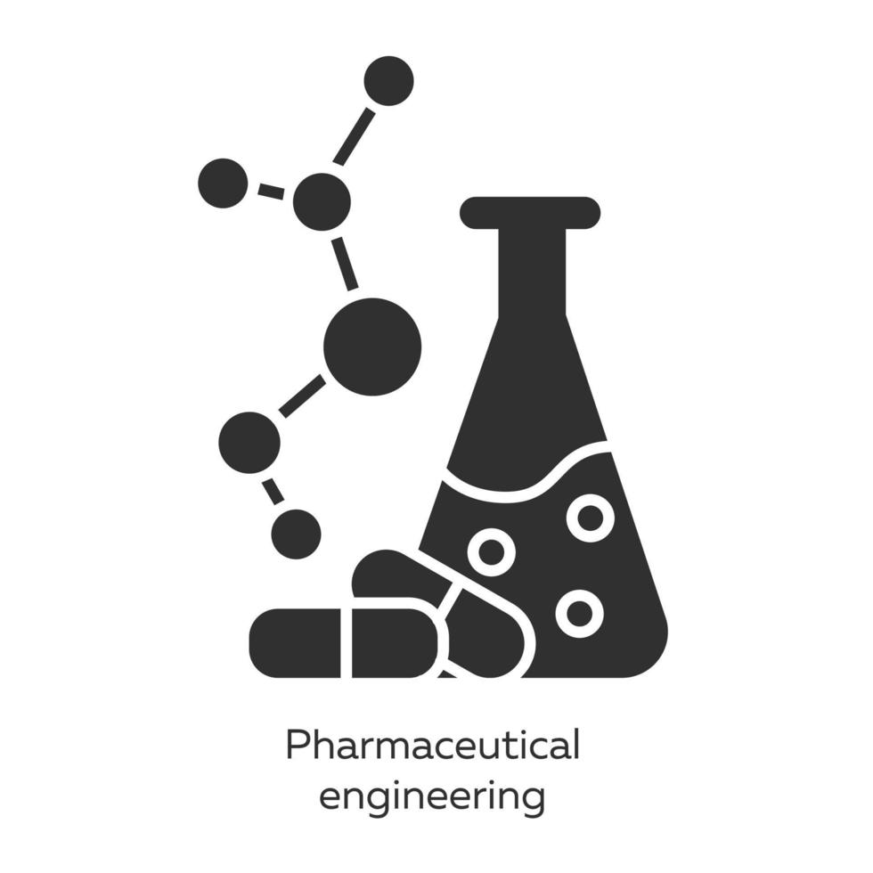 Pharmaceutical engineering glyph icons set. Drug formulating. Chemical engineering. Flask, molecule, capsules. Pharmacology. Biotechnology. Silhouette symbols. Vector isolated illustration