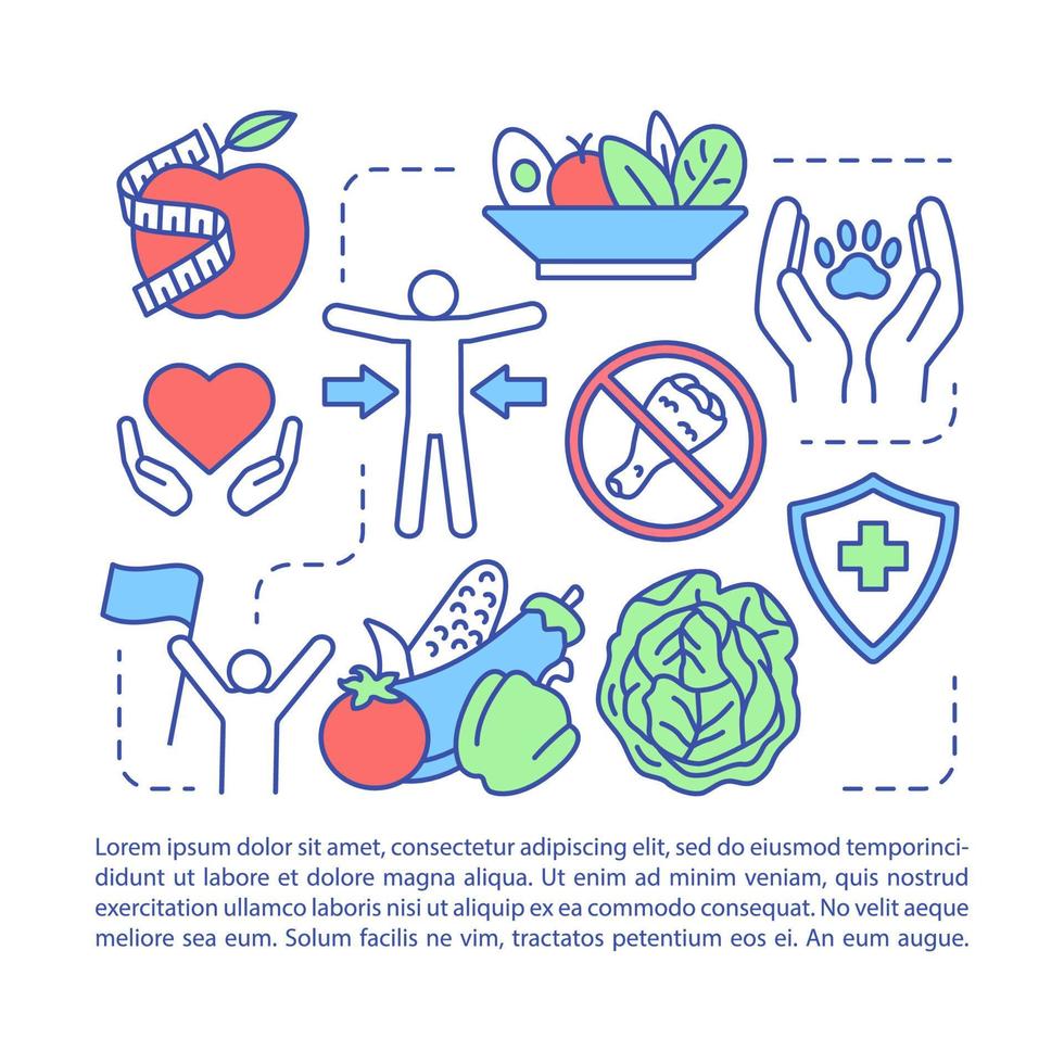 plantilla de vector de página de artículo de estilo de vida vegetariano. vaya folleto vegano, revista, elemento de diseño de folleto con iconos lineales y cuadros de texto. diseño de impresión. ilustraciones conceptuales con espacio de texto