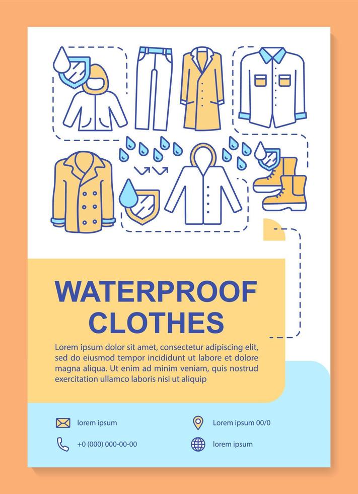 Water resistant clothes, textiles brochure template layout. Flyer, booklet, leaflet print design with linear illustrations. Vector page layouts for magazines, annual reports, advertising posters