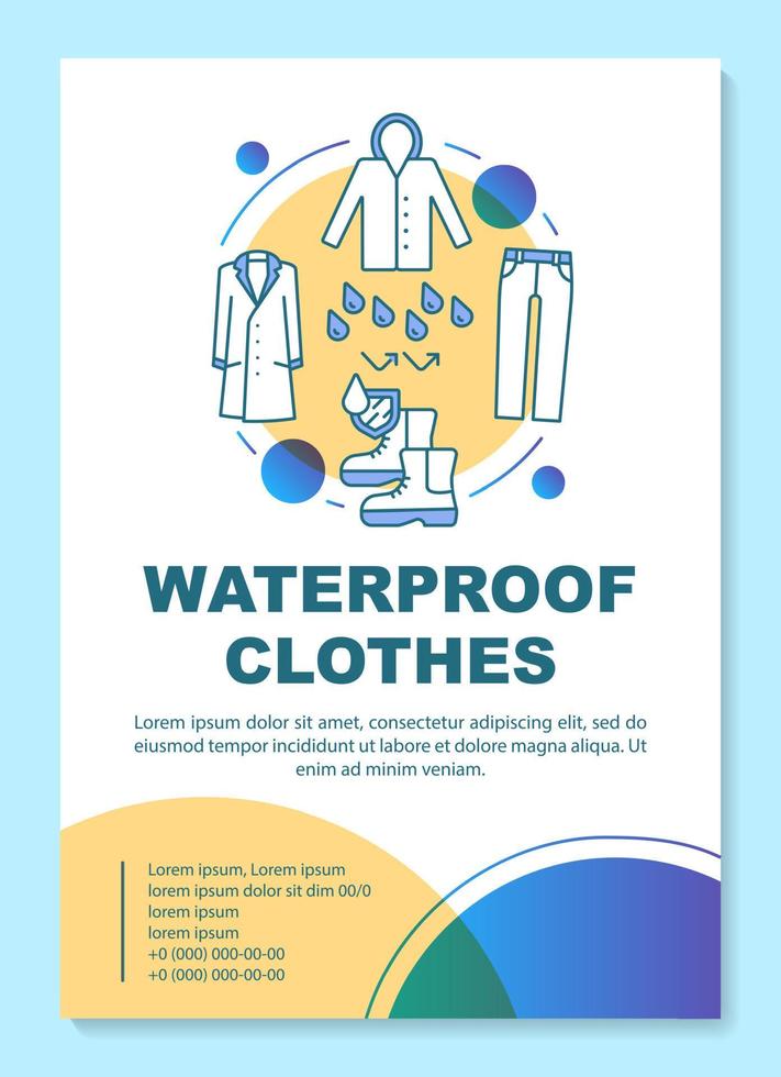 Rainproof clothes, waterproof footwear brochure template layout. Flyer, booklet, leaflet print design with linear illustrations. Vector page layouts for magazines, annual reports, advertising posters