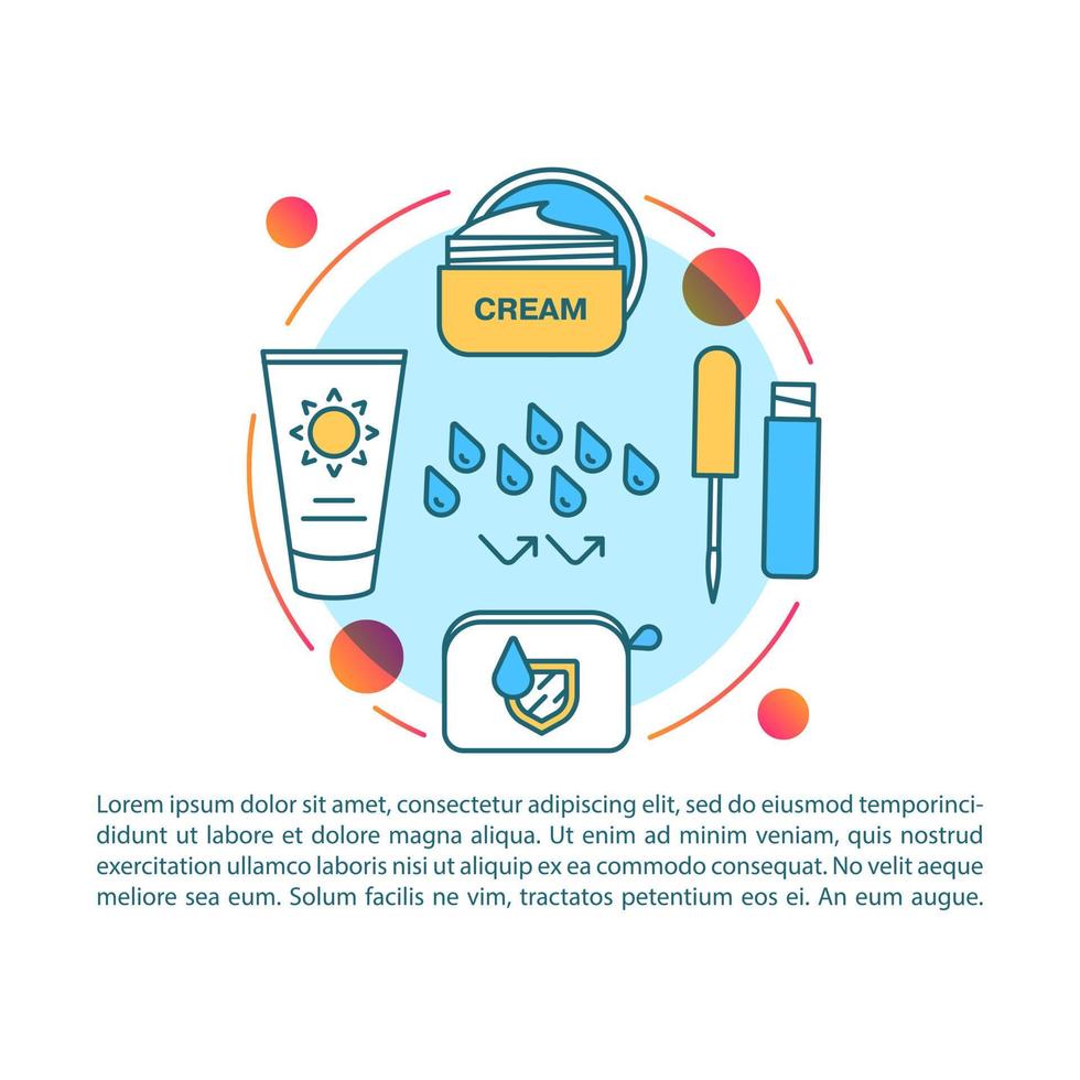 Waterproof cosmetology product article page vector template. Brochure, magazine, booklet design element with linear icons and text boxes. SPF cream. Print design. Concept illustrations with text space