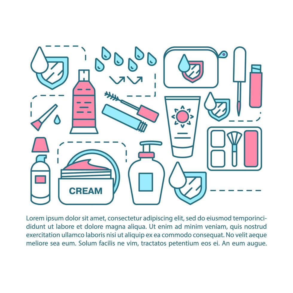 Waterproof cosmetics article page vector template. Brochure, magazine, booklet design element with linear icons and text boxes. Makeup products. Print design. Concept illustrations with text space