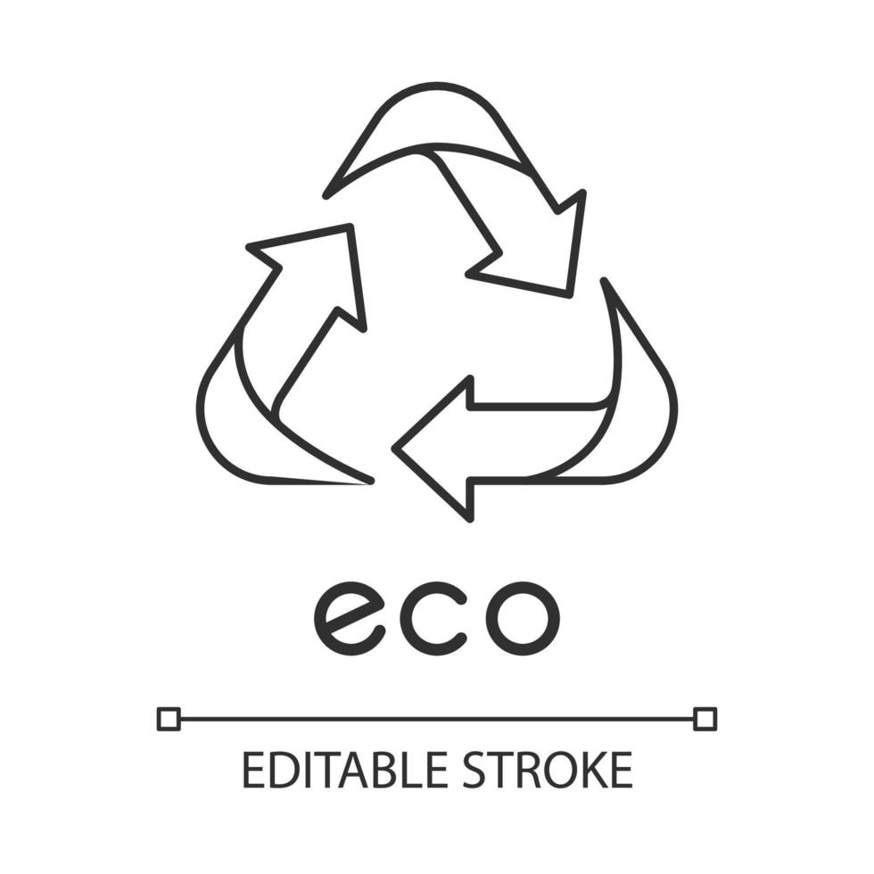 Eco label linear icon. Three angled arrow signs. Recycle symbol. Alternative energy. Environmental protection sticker. Thin line illustration. Contour symbol. Vector isolated drawing. Editable stroke