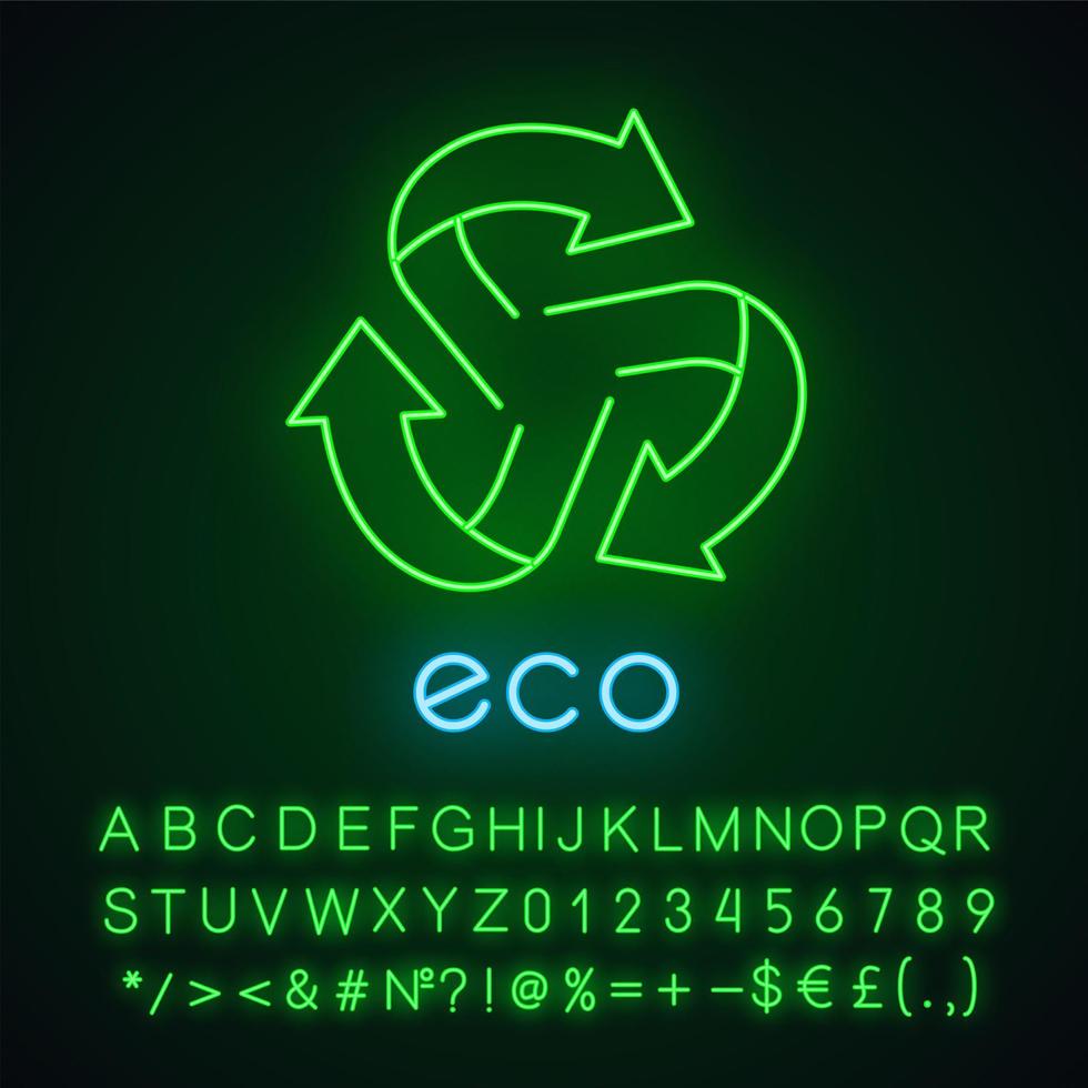 Eco label neon light icon. Three rounded arrows coming out of center sign. Recycle symbol. Environmental protection sticker. Glowing sign with alphabet, numbers, symbols. Vector isolated illustration