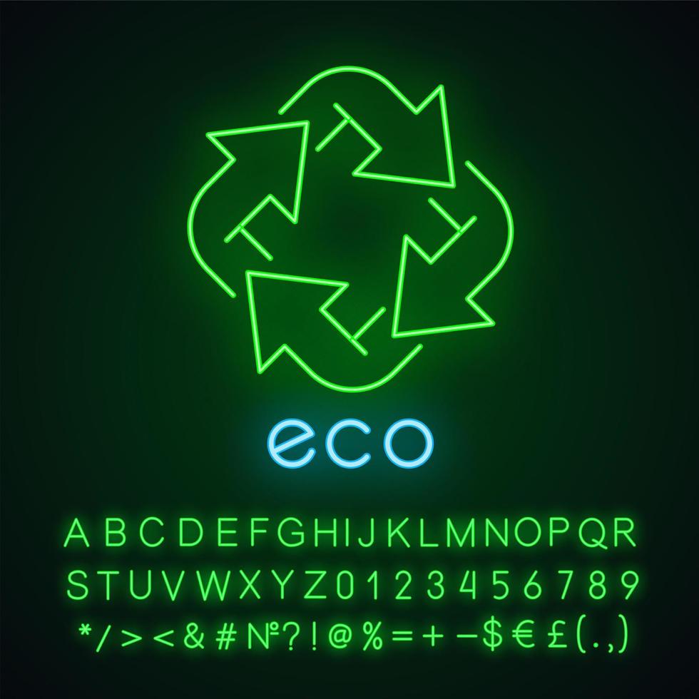 Eco label neon light icon. Four angled arrow signs. Recycle symbol. Alternative energy. Environmental protection sticker. Glowing sign with alphabet, numbers and symbols. Vector isolated illustration