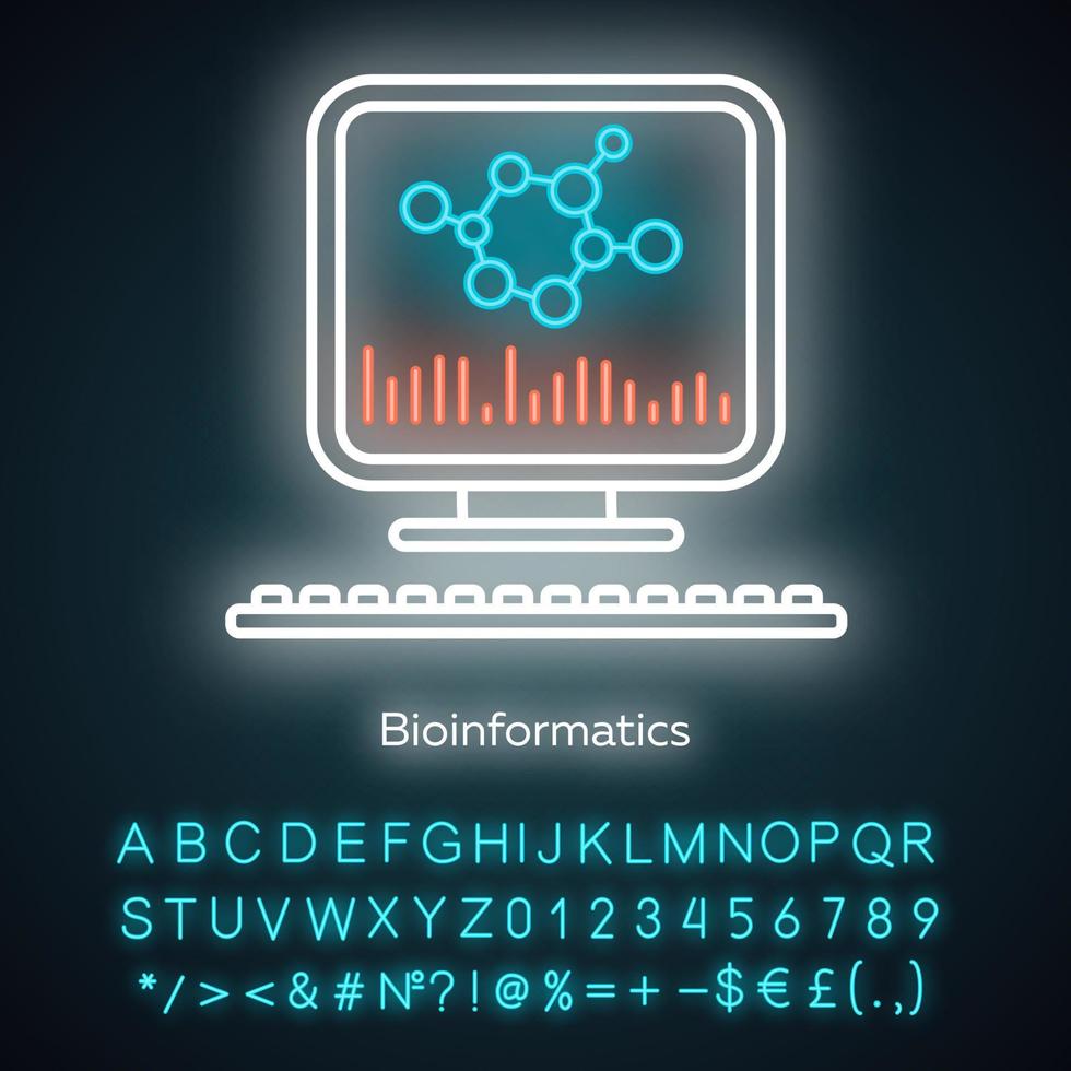 icono de luz de neón de bioinformática. investigación del genoma humano. información bioquímica. datos biológicos. bioingeniería signo brillante con alfabeto, números y símbolos. ilustración vectorial aislada vector