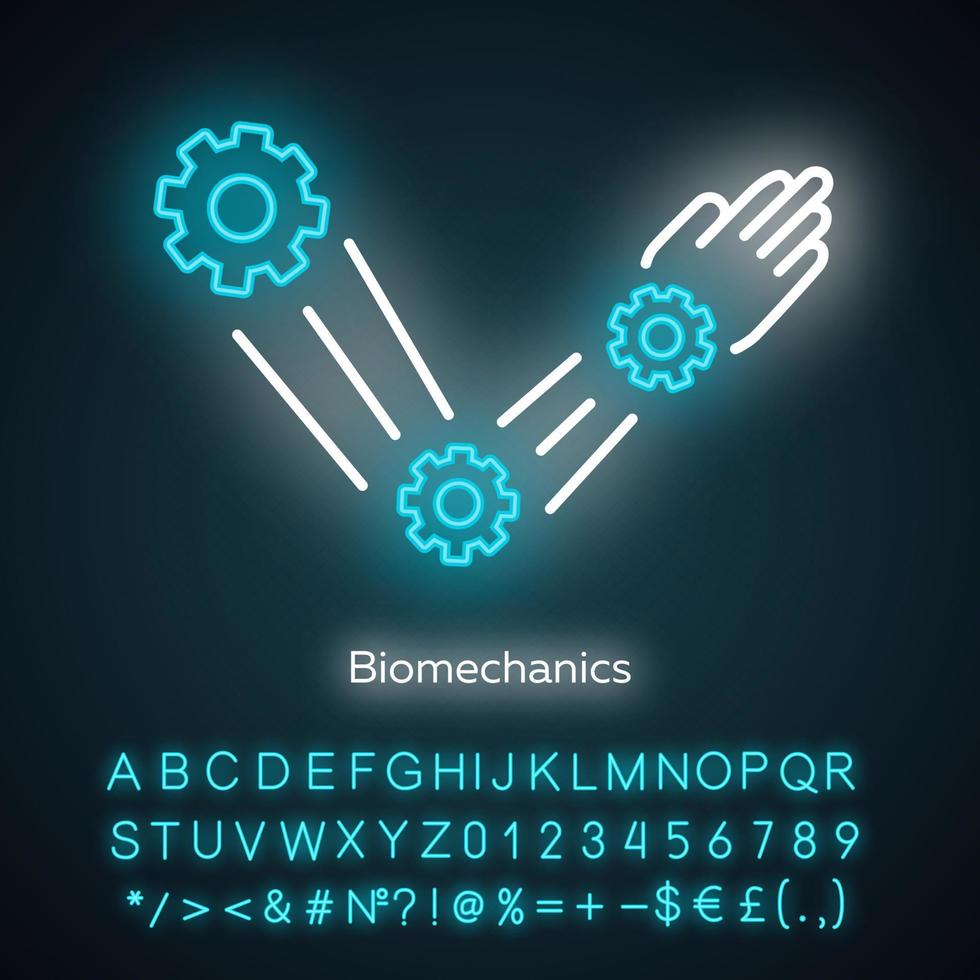 Biomechanics neon light icon. Studying and copying body movements. Robot arm. Bioengineering. Glowing sign with alphabet, numbers and symbols. Vector isolated illustration