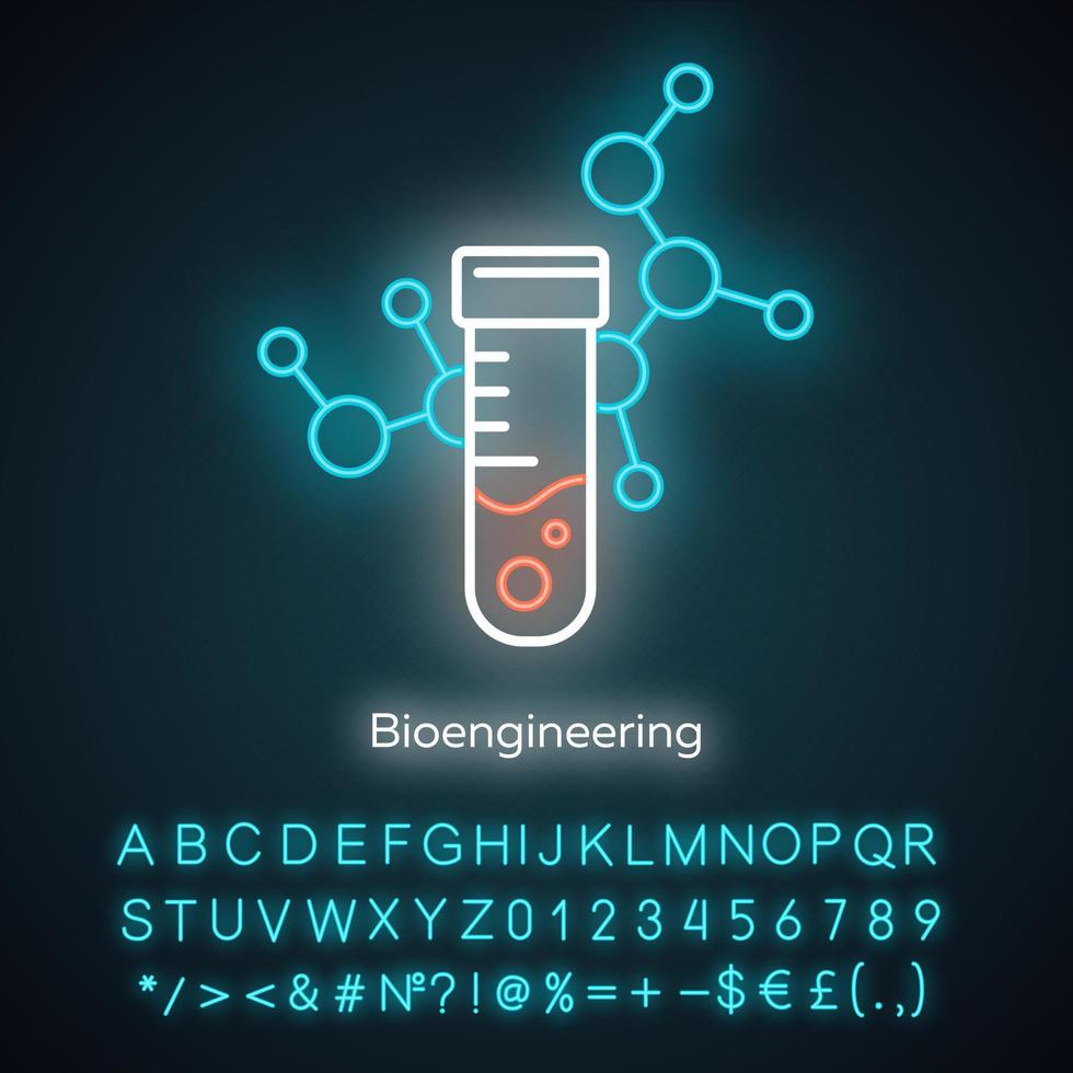 Bioengineering neon light icon. Biological engineering. Scientific medical research. Test tube and molecule. Biochemistry. Glowing sign with alphabet, numbers and symbols. Vector isolated illustration