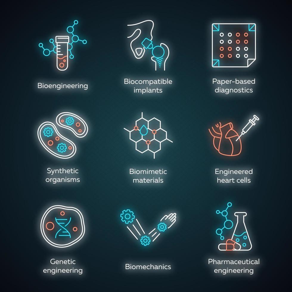 Bioengineering neon light icons set. Biotechnology. Molecular biology, biomedical and molecular engineering. Glowing signs. Vector isolated illustrations