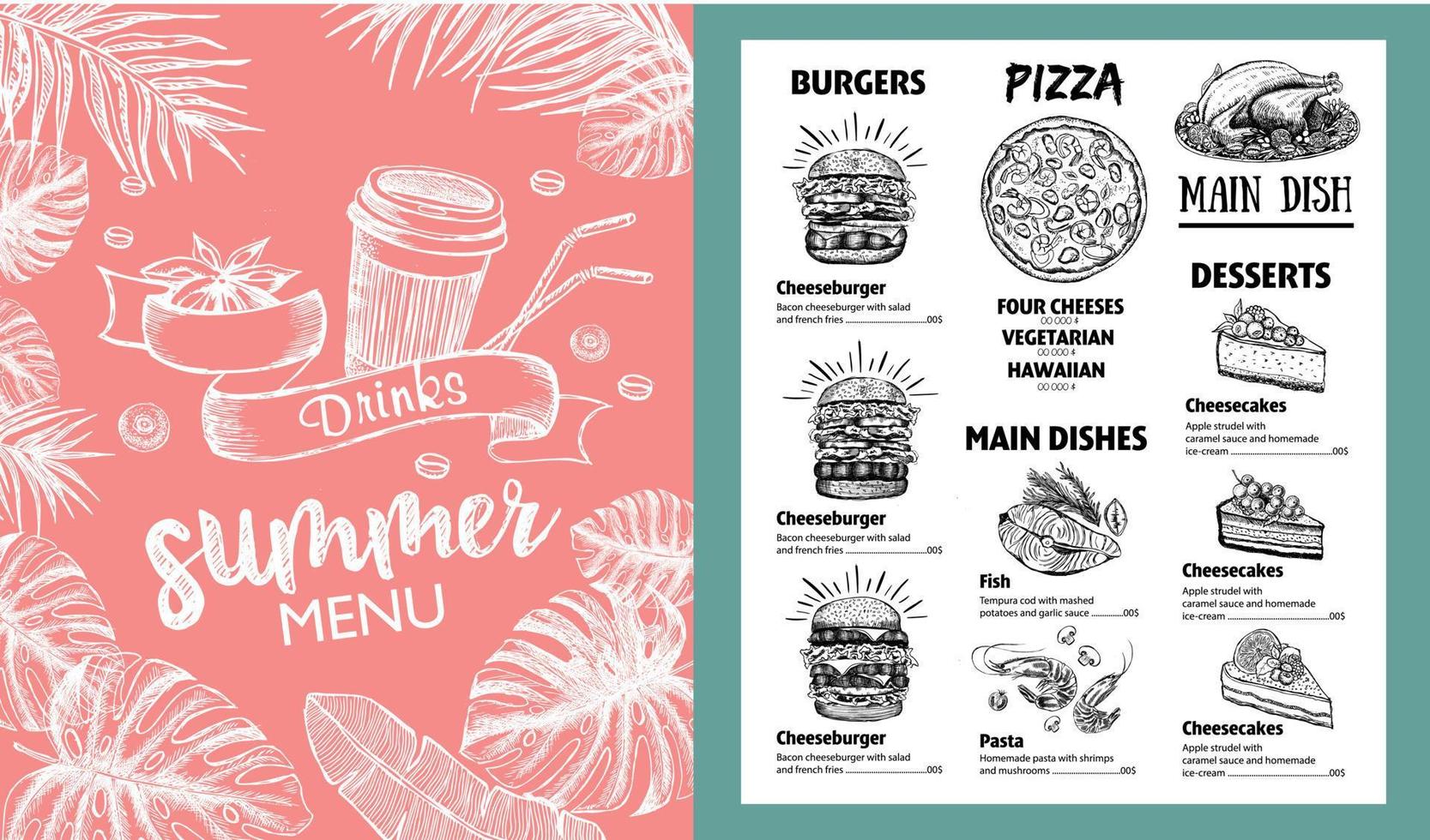 Restaurant food menu design. Summer menu, hand drawn illustrations. Vector food flyer.