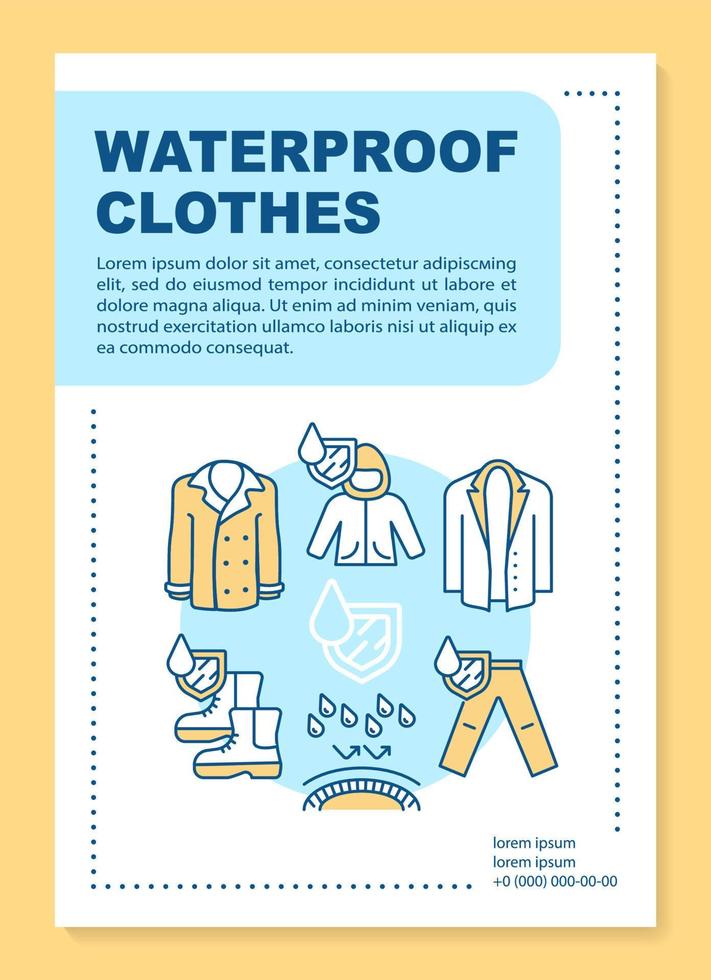 Rainproof clothing, hydrophobic boots brochure template layout. Flyer, booklet, leaflet print design with linear illustrations. Vector page layouts for magazines, annual reports, advertising posters..