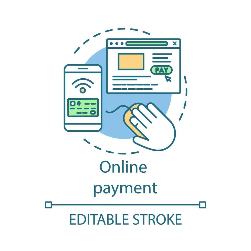 Online payment concept icon. Online shopping idea thin line illustration. Digital wallet. Mobile banking. E-commerce. Financial management. Vector isolated outline drawing. Editable stroke