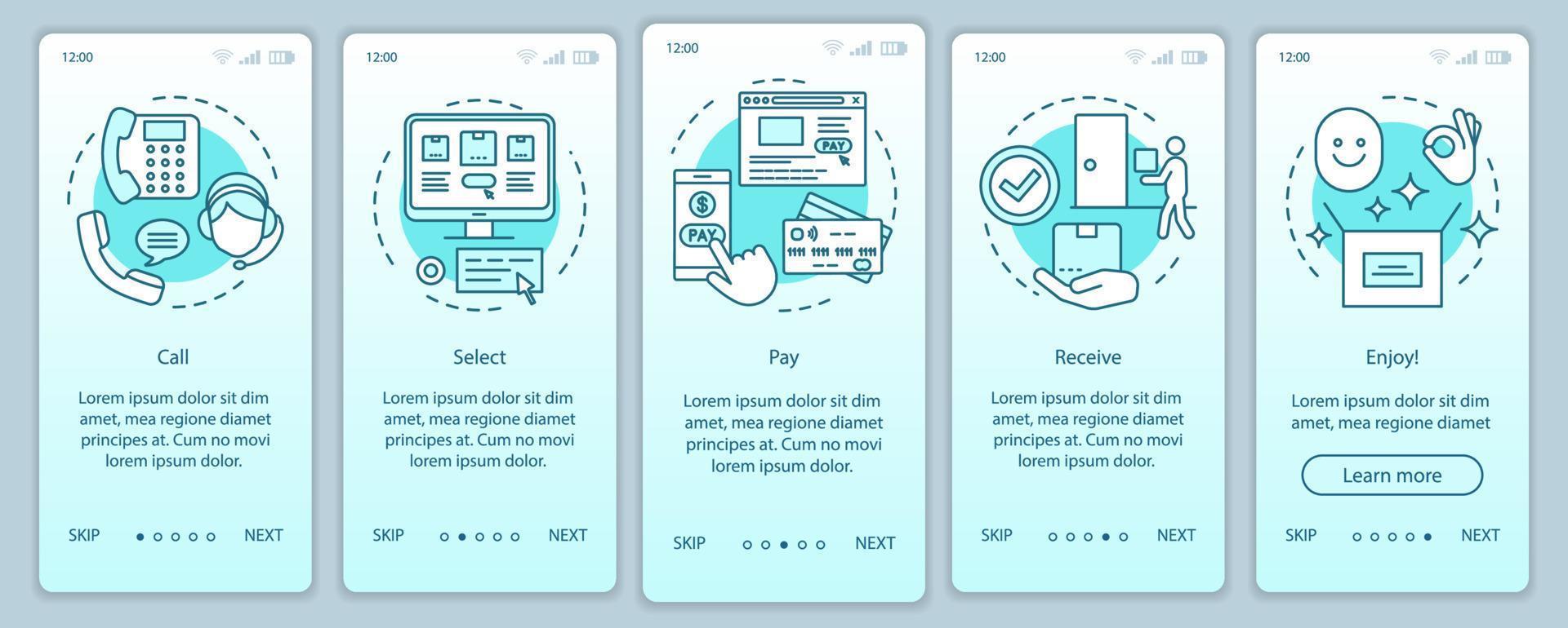 Online shopping onboarding mobile app page screen with linear concepts. Call, select, pay, receive, enjoy. Digital purchase. Steps graphic instructions. UX, UI, GUI vector template with illustrations