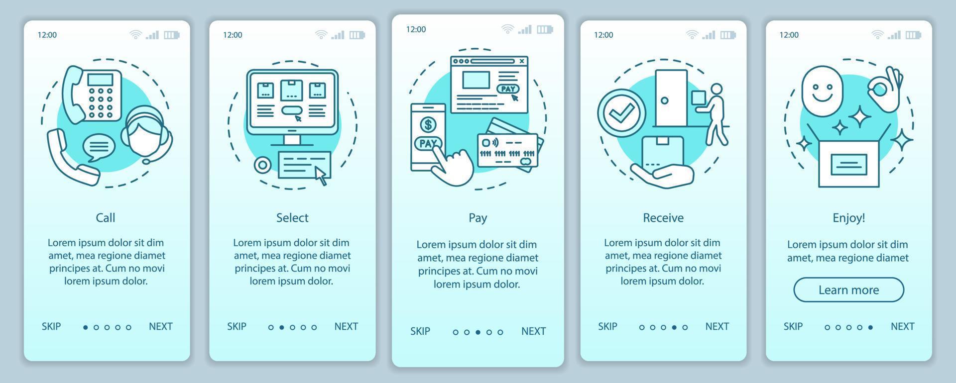Pantalla de la página de la aplicación móvil de incorporación de compras en línea con conceptos lineales. llamar, seleccionar, pagar, recibir, disfrutar. compra digital. pasos instrucciones gráficas. ux, ui, plantilla de vector de interfaz gráfica de usuario con ilustraciones