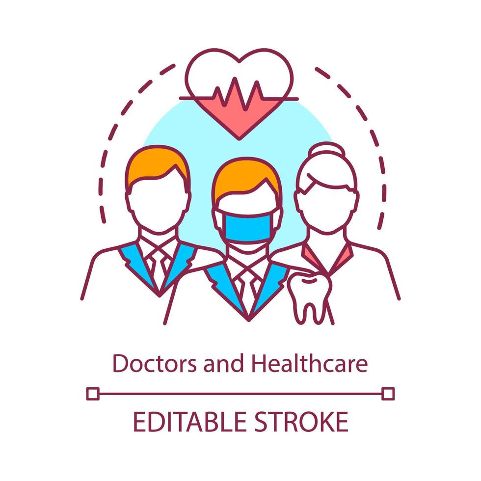 Doctors, healthcare concept icon. Medical workers, cardiologists, dentists in uniform idea thin line illustration. Health monitoring. Vector isolated outline drawing. Editable stroke....