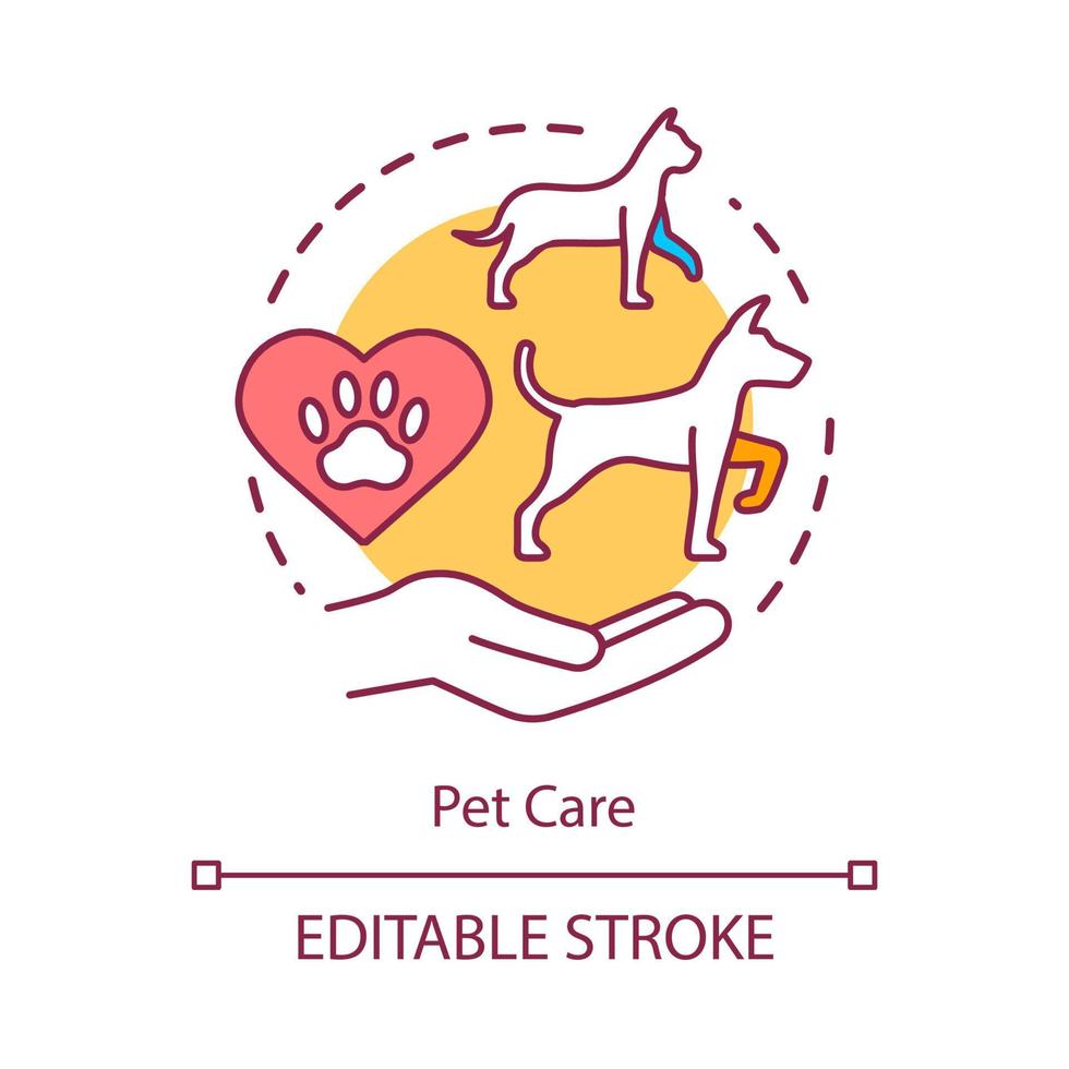 Pet care concept icon. Domestic animals clinic idea thin line illustration. Helping injured dogs, cats. Veterinary treatment and support center. Vector isolated outline drawing. Editable stroke..