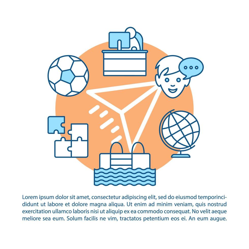 After school program article page vector template. Learning center. Brochure, magazine, booklet design element with linear icons and text boxes. Print design. Concept illustrations with text space